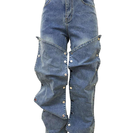 BKQU Women High Waist Detachable Button Wide Leg Jeans by zapcart