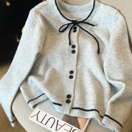 Women's Lace Up Bow Cardigan Sweater Single Breasted CN by zapcart