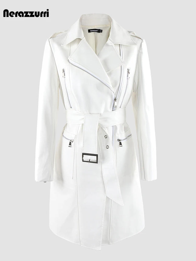 Nerazzurri White PU Leather Zipper Biker Jacket Women Belt by zapcart