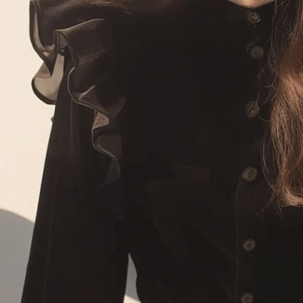 Black Velvet Blouse For Women Ruffled Stand Neck Top by zapcart