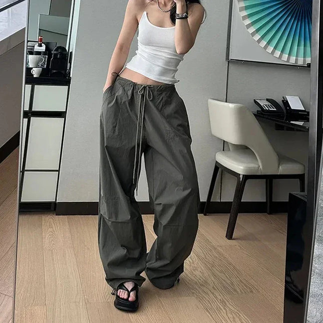 Rimocy Lace Up Y2K Parachute Pants Women Oversized Cargo by zapcart