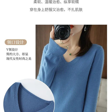 Women V Neck Knit Sweater Slim Fit Soft Knitwear Winter by zapcart