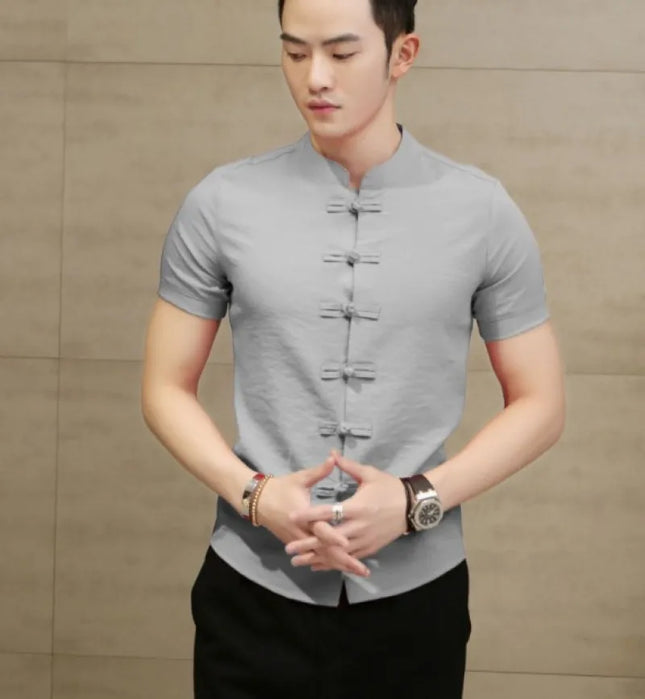 CN Anhui Cross Border Chinese Style Men's Solid Color Shirt by zapcart