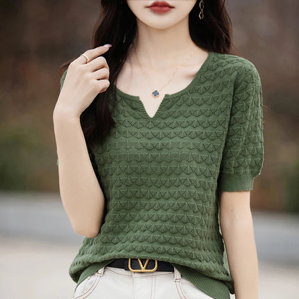 Women Pure Cotton Tee Summer Breathable V Neck Loose Fit by zapcart