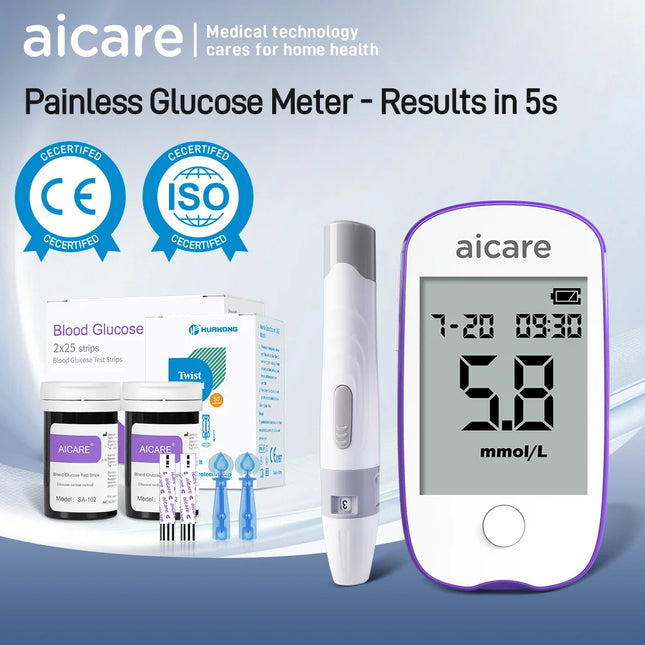 Aicare Blood Glucose Monitor Kit with 50/100 Test Strips Lancets Medical Blood Glucose Meter Get results fast 0.7μL sample by zapcart