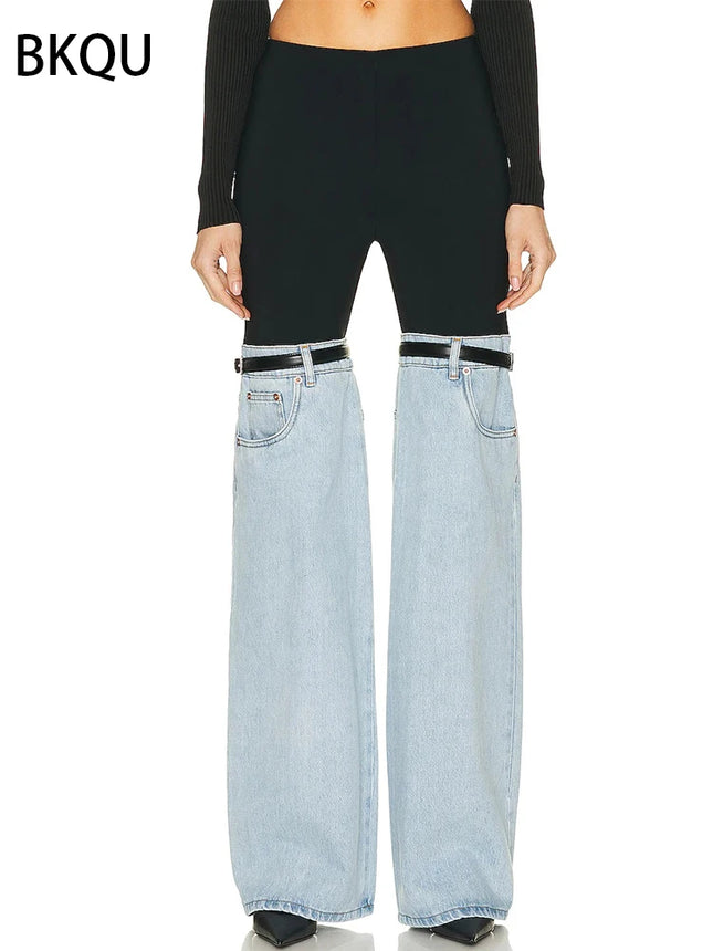 BKQU Patchwork Jeans Women High Waist Wide Leg Streetwear by zapcart
