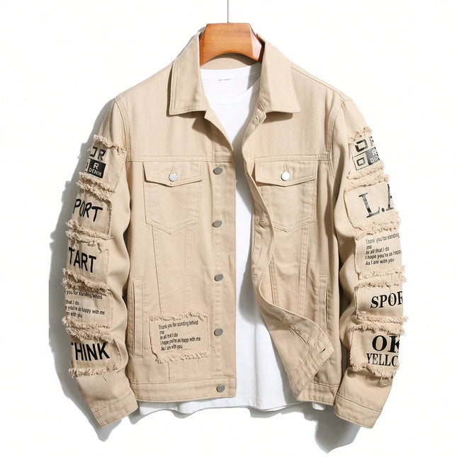 LVCCCI Men's Y2K Denim Jacket With Patches Stylish Fit by zapcart