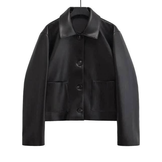 Trafshe Womens PU Leather Jacket Loose Fit Autumn Moto Style by zapcart