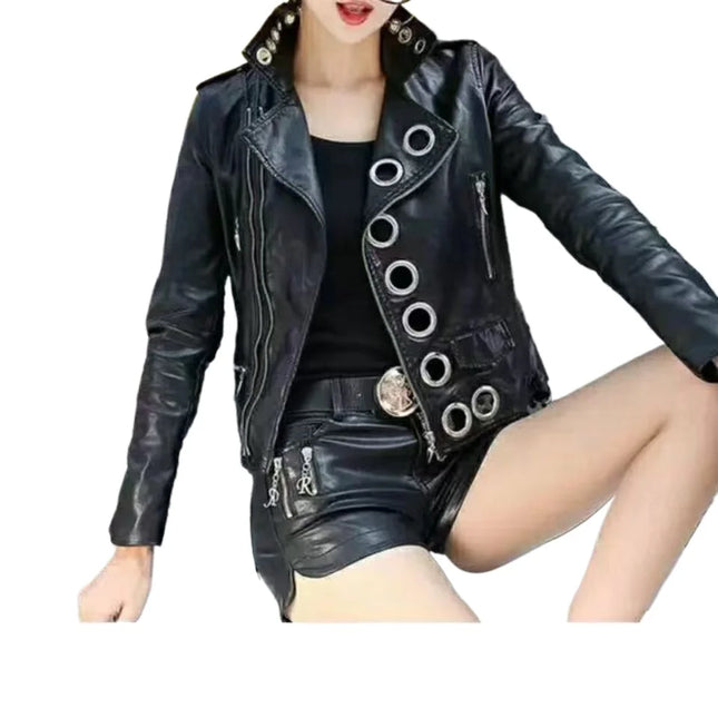 Women PU Leather Bike Coat Fall Zipper Short Outerwear by zapcart