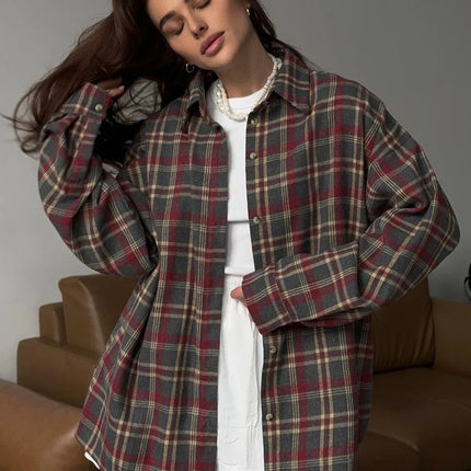 Clacive Plaid Shirt For Women Vintage Lapel Long Sleeve by zapcart