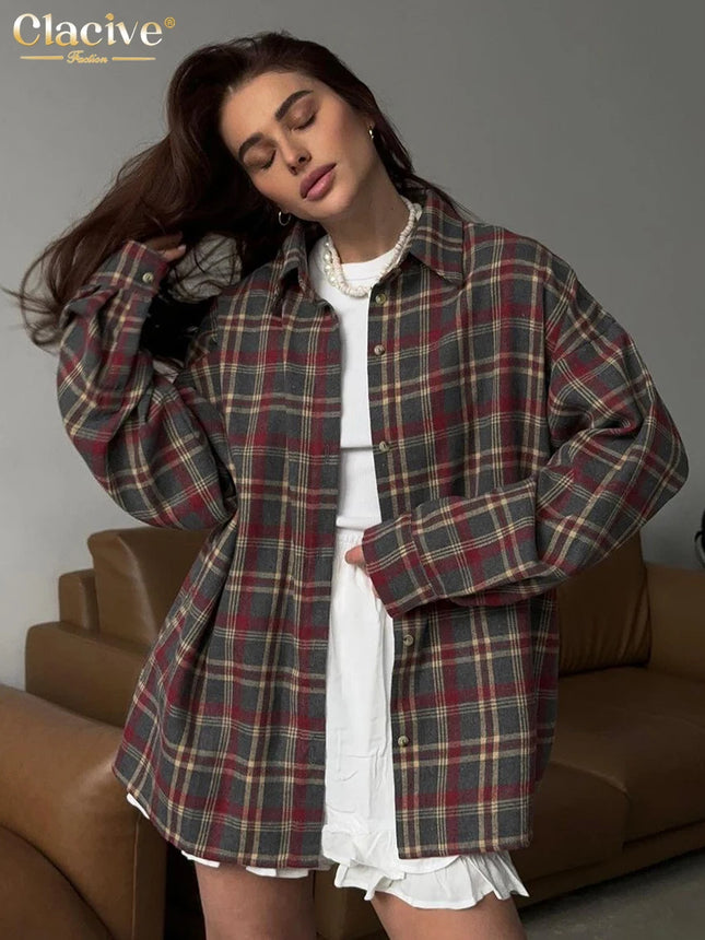 Clacive Plaid Shirt For Women Vintage Lapel Long Sleeve by zapcart
