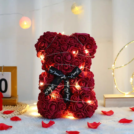 25cm Artificial Teddy Rose Flower Bear with Box Romantic Valentines Day Gift Girlfriend Women Anniversary Wedding Party Supplies by zapcart