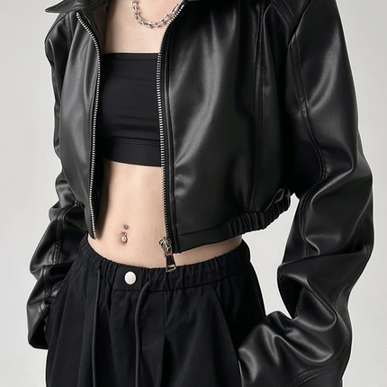 PU Leather Women Crop Jacket Black Zipper Retro Streetwear by zapcart