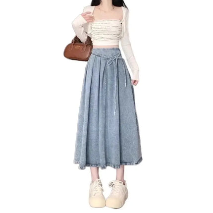 High Waisted Denim A Line Skirt Elastic Waist For Women by zapcart