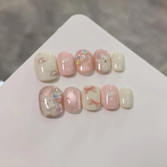 Handmade Press On Nails Cat Eye Pink Bouquet Bow For Women by zapcart