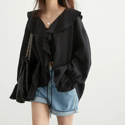 Chic Ven Women Shirt Loose Casual Blouse V Neck Lace Up by zapcart