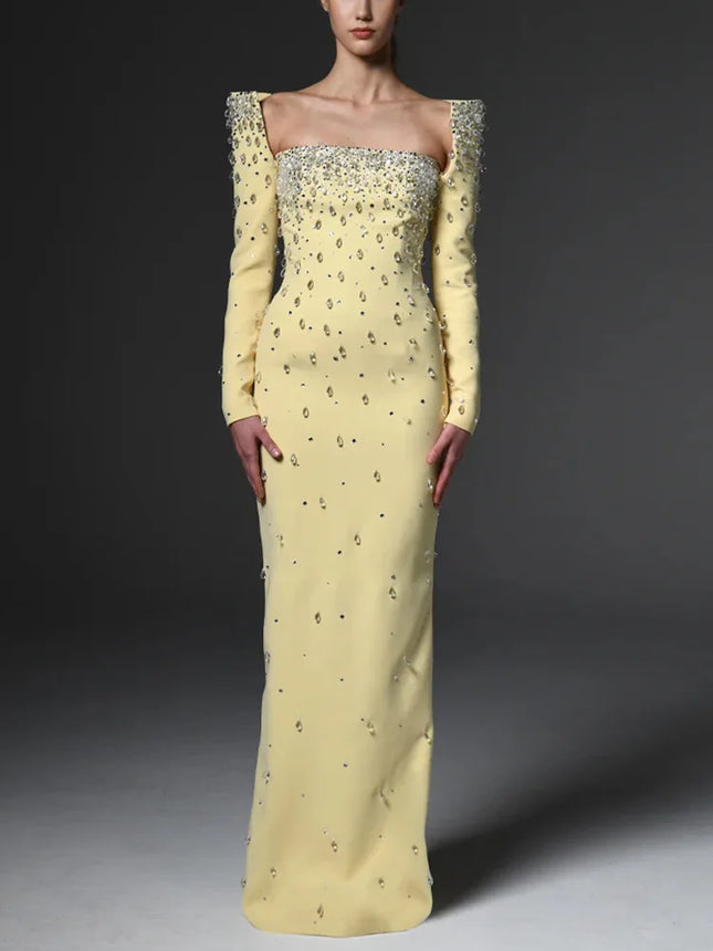 Designer Beaded Diamonds Maxi Dress Women Square Collar by zapcart