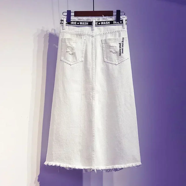 White Denim Long Skirt with Letter Print Oversize Plus Size by zapcart