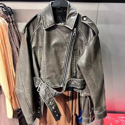 Mauroicardi Women Spring PU Leather Moto Jacket Distressed by zapcart