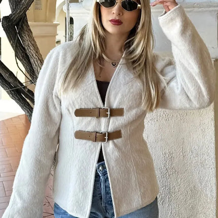 Trafza Women Leather Buckle Woolen Coat Beige Chic Warmth by zapcart