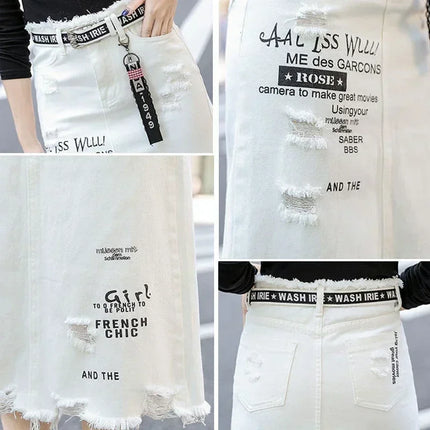 White Denim Long Skirt with Letter Print Oversize Plus Size by zapcart