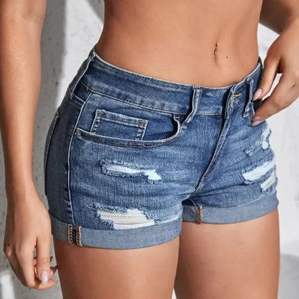 Womens Split Denim Shorts Mid Rise Slim Fit Beachwear by zapcart