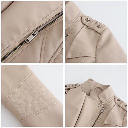 Slim Women Leather Jacket Rivet Detail Sleek Citywear by zapcart