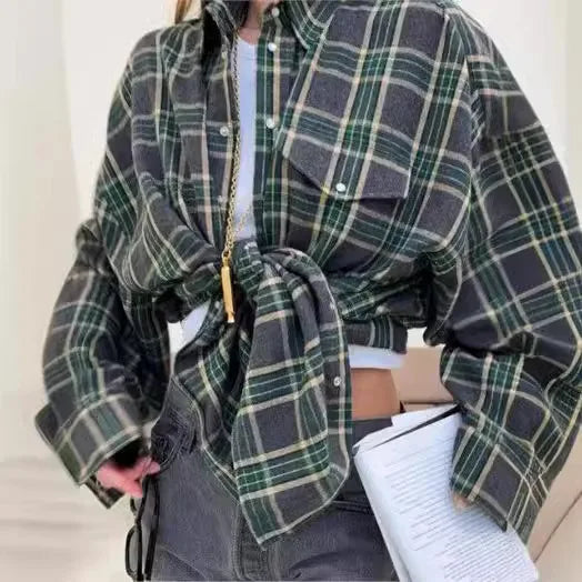 Women Plaid Shirt Oversized Pocket Turndown Collar Blouse by zapcart