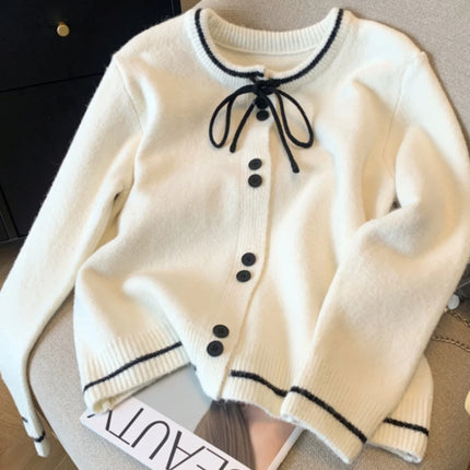 Women's Lace Up Bow Cardigan Sweater Single Breasted CN by zapcart
