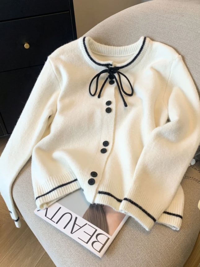 Women's Lace Up Bow Cardigan Sweater Single Breasted CN by zapcart