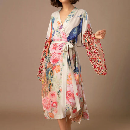 Peacock Print Beach Kimono For Women Self Belted Cover Up by zapcart