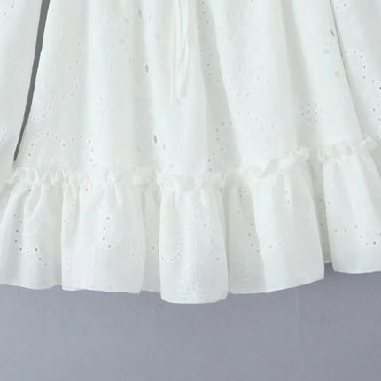 Women Embroidery Hollow Out Dress With Puff Sleeves Lace Up by zapcart