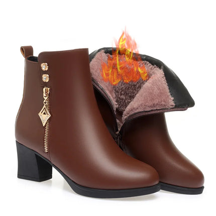 Women Leather Boots MCDV Warm Plush Snow Boots Thick Heel