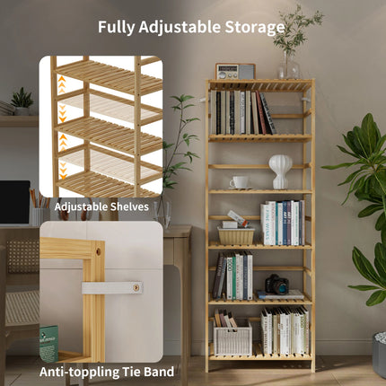 6-Tier Bamboo Storage Rack Shelving Bookshelf Plant Flower Stand Adjustable Shelves for Home Organization by zapcart