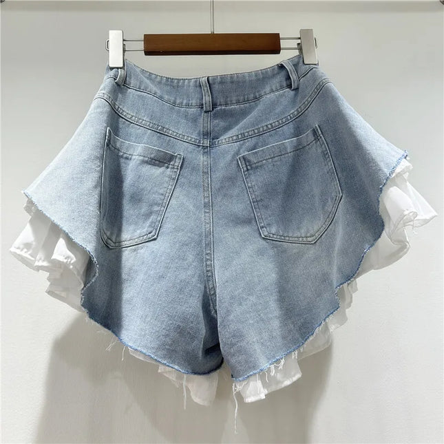WTHT Patchwork Denim Shorts Women High Waist Summer Trendy by zapcart