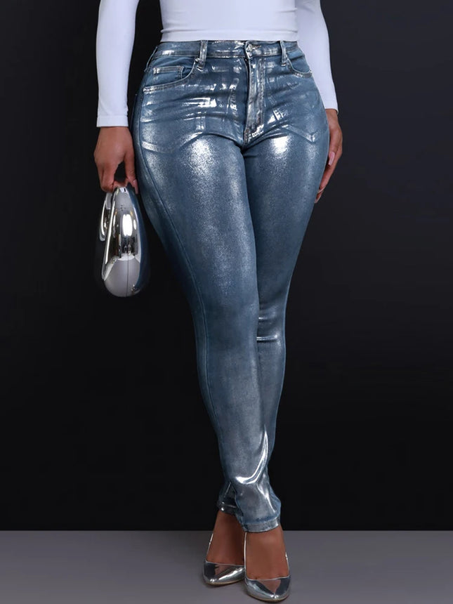 BKQU Women Pencil Pants Metallic Silver High Waist Denim by zapcart