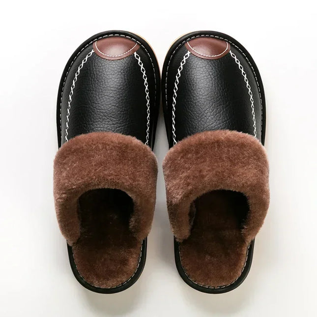 FONGIMICCN Men Winter Leather Slippers Velvet Waterproof by zapcart