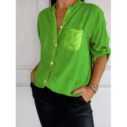 Women V-Neck Sequin Blouse Long Sleeve Chic Office Casual by zapcart