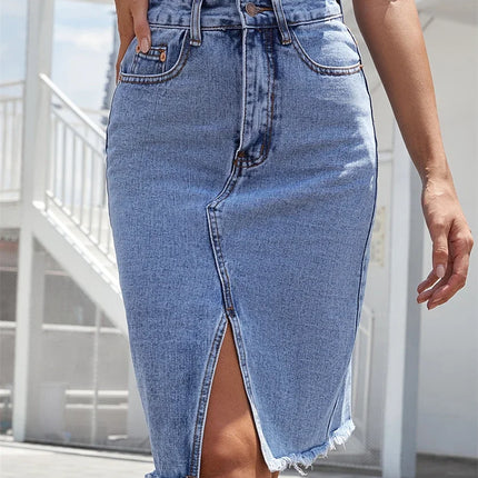 Blue Denim Midi Skirt Front Slit High Waist Pockets Women by zapcart