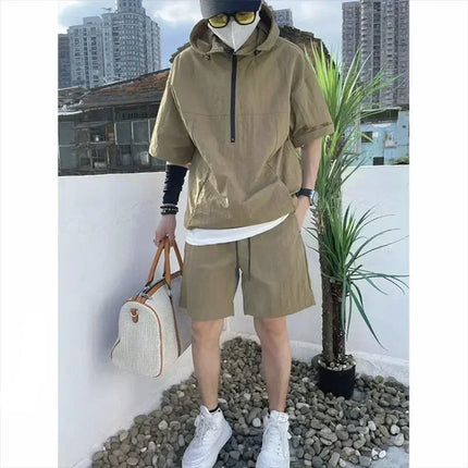 Fujian Mens Summer Cargo Set Hooded Tee Shorts High Quality by zapcart