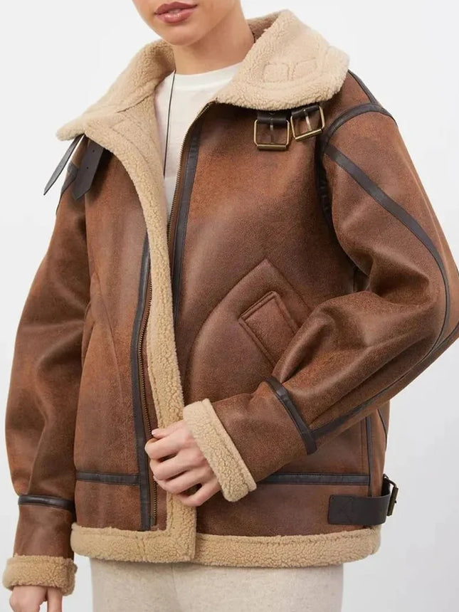 Ailegogo Women Faux Lamb Fur Coat Warm Vintage Zipper by zapcart