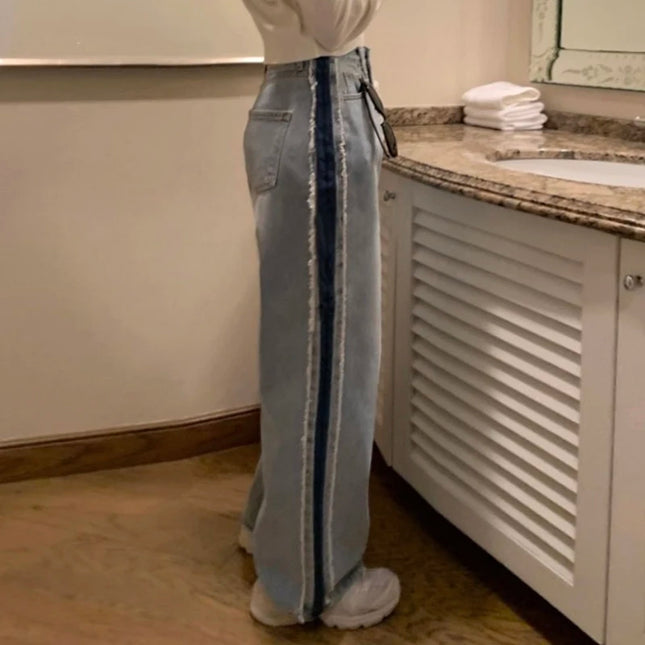 High Waist Wide Leg Denim Jeans Women Chic Patchwork by zapcart