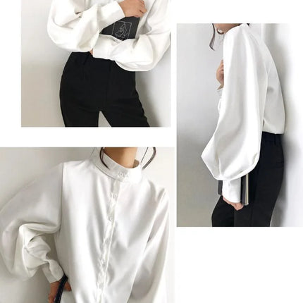 FSMG Women Vintage Shirt Stand Collar Lantern Sleeves Black by zapcart