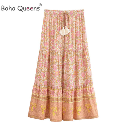 Boho Queens Pink Floral Maxi Skirt For Women Beach Vacation by zapcart