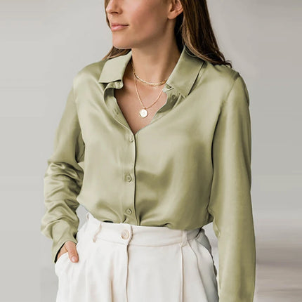 Elegant Women Silk Satin Blouse Long Sleeve Office Wear by zapcart