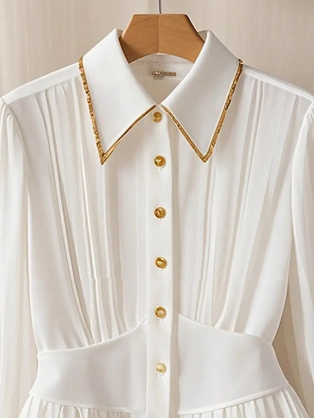 French Hepburn Style Pleated Polo Collar White Shirt Women by zapcart