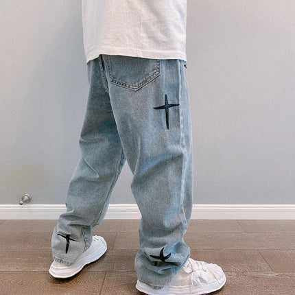 Hengscarying Mens Loose Wide Leg Denim Cargo Jeans Star by zapcart