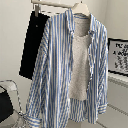 Blue Linen Striped Shirt for Women Summer Sun Blouse by zapcart