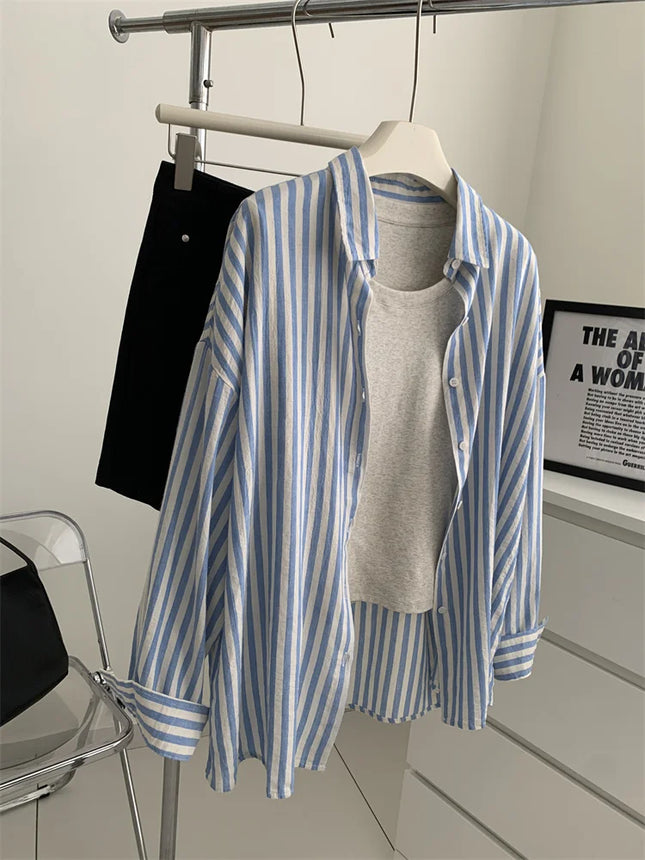 Blue Linen Striped Shirt for Women Summer Sun Blouse by zapcart