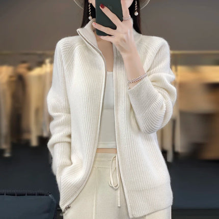 Womens Pure Wool Zipper Cardigan Padded Shoulders Warmth by zapcart